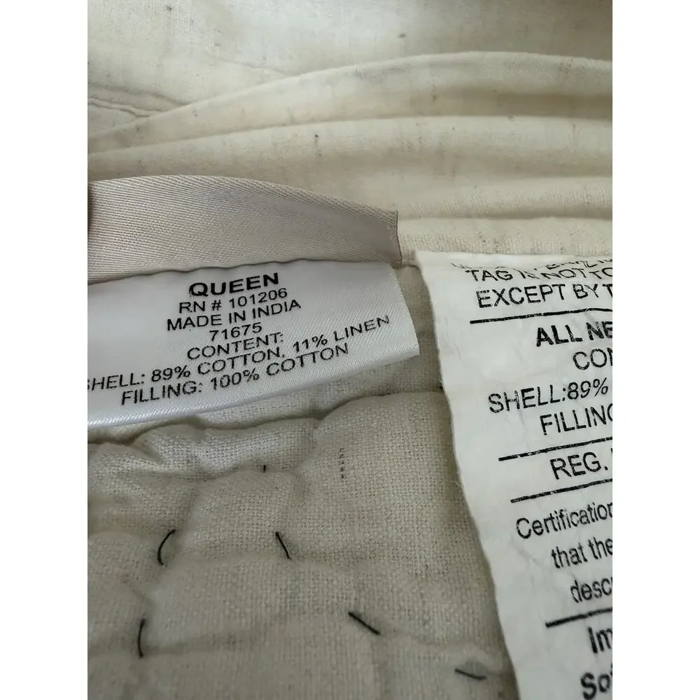 Vtg Soft Surroundings Paisley Stripe QUEEN Quilt Oatmeal/blue Cotton Linen Blend